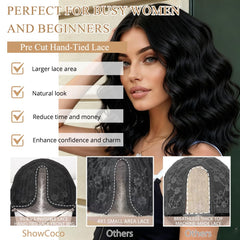 ShowCoco Glueless Cap design on a black short wavy wig for easy wear