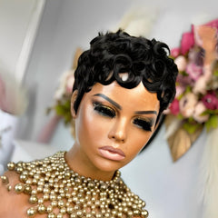 Showreal Pixie Cut Wig back view reveals layered silhouette and natural fall.