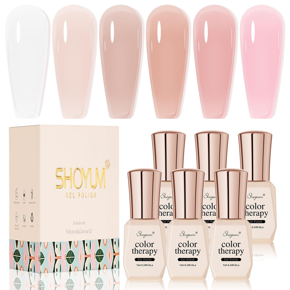 SHOYUM Nude Pink Jelly Gel Nail Polish Set packaging shows six colors for versatile looks.