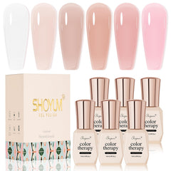 SHOYUM Nude Pink Jelly Gel Nail Polish Set packaging shows six colors for versatile looks.