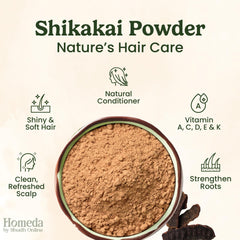 Shudh Online Shikakai powder packaging close-up highlighting traditional, natural processing.