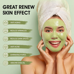 SHVYOG Green Tea Face Mask ingredients closeup featuring aloe and volcanic mud.