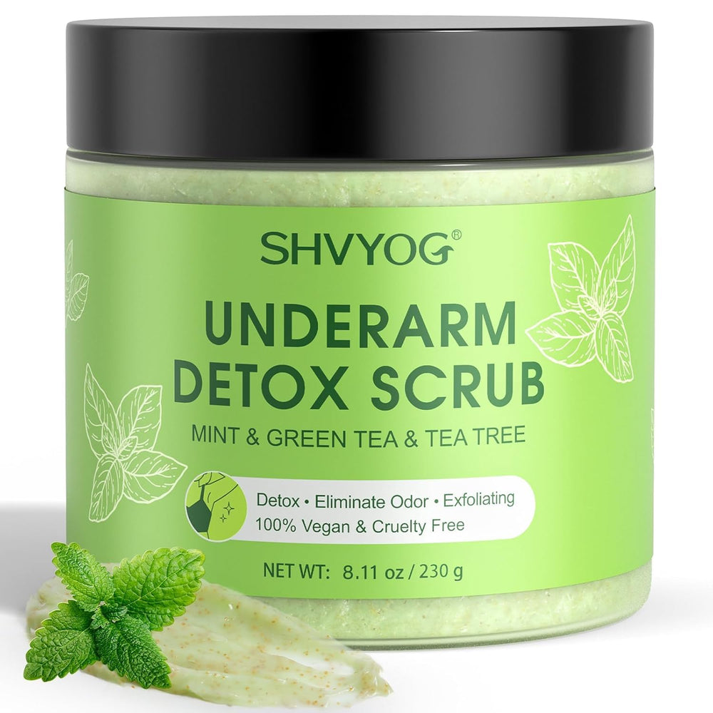 SHVYOG Underarm Detox Scrub bottle—easy in-shower exfoliation for smoother skin.