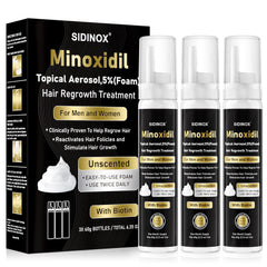 Sidinox 5% minoxidil foam bottle for scalp regrowth support.