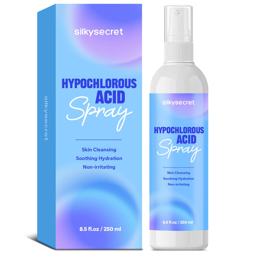 SilkySecret HOCL spray bottle close-up for instant skin soothing after makeup