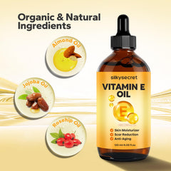 SilkySecret Vitamin E Oil ingredients label highlights jojoba and almond oils