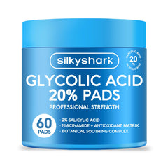 SilkyShark Glycolic Pads pack front promotes exfoliation and radiance.
