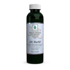 Silver Botanicals Silver Shield deodorant bottle with refill cap, promoting eco-friendly use.