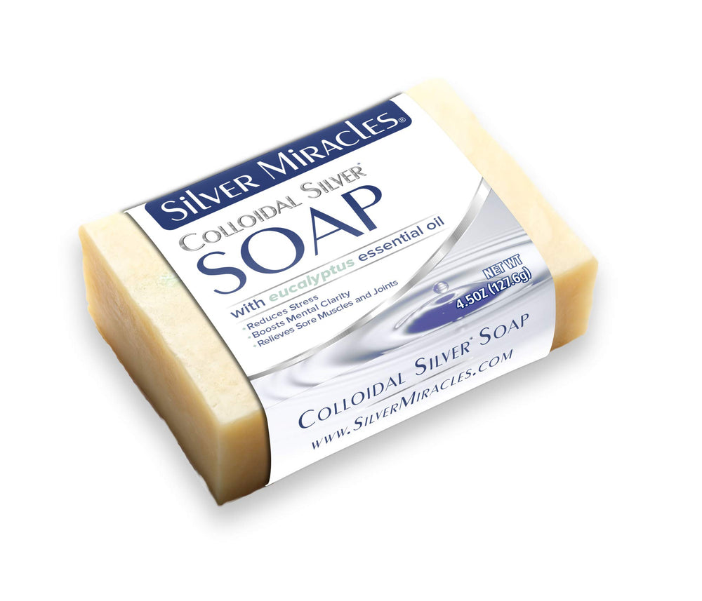 Silver Miracles eucalyptus soap bar on shelf, gentle cleansing for sensitive skin