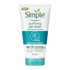 Simple Daily Skin Detox Purifying Facial Wash bottle on counter promoting clearer skin from day one