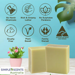 Close-up of Simple Scents Australia French Pear bars showing creamy lather.
