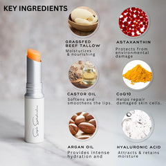 Application close-up of Simple Sophistication Tallow Lip Balm for deep hydration.