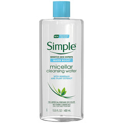 Simple Water Boost micellar cleansing water bottle showing hydration while cleansing
