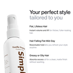 Vanilla scented Simpletics spray for refreshing texture between washes