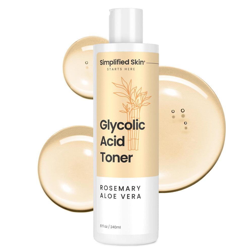 Simplified Skin glycolic toner bottle on vanity for a refreshing routine.