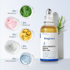 Singrace Hair Growth Serum ball-head application highlights targeted care for sparse areas.