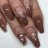 SINHOT coffin press on nails in medium ballerina shape with glossy brown gradient for a chic look.