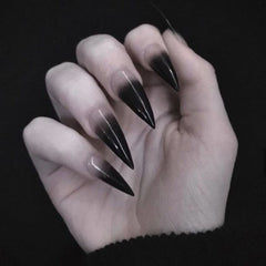 SINHOT stiletto nails with glossy black gradient for drama and fast manicure at home.