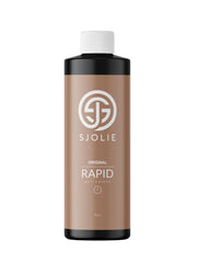 Sjolie Sunless Rapid Spray Tan bottle closeup shows fast-drying formula.