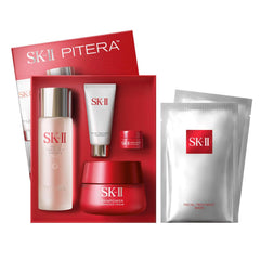 SK-II anti-aging gift set full-size skincare products highlighting PITERA-infused formulas for radiant skin.