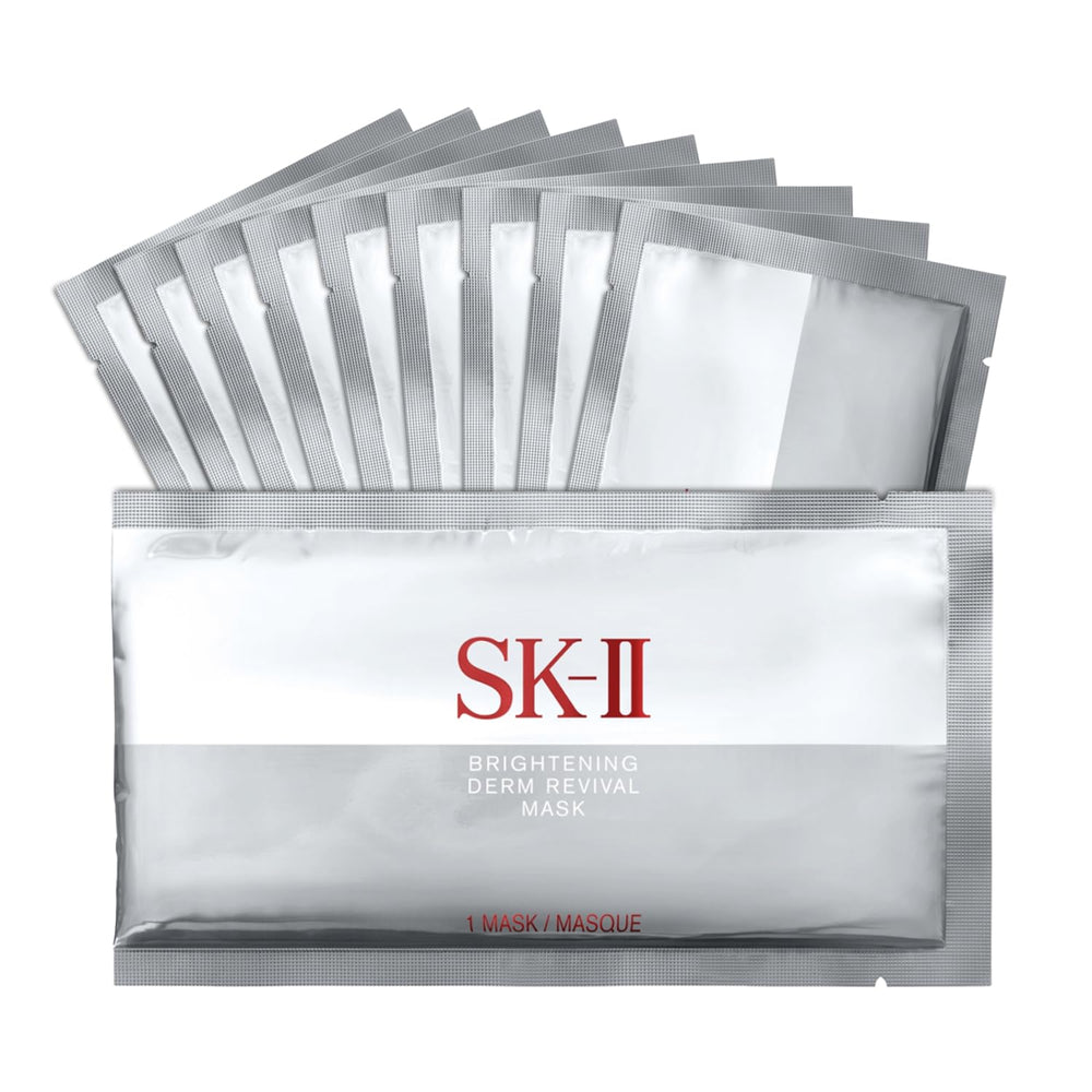 SK-II Brightening Face Mask pack close-up for radiant, even-looking skin.
