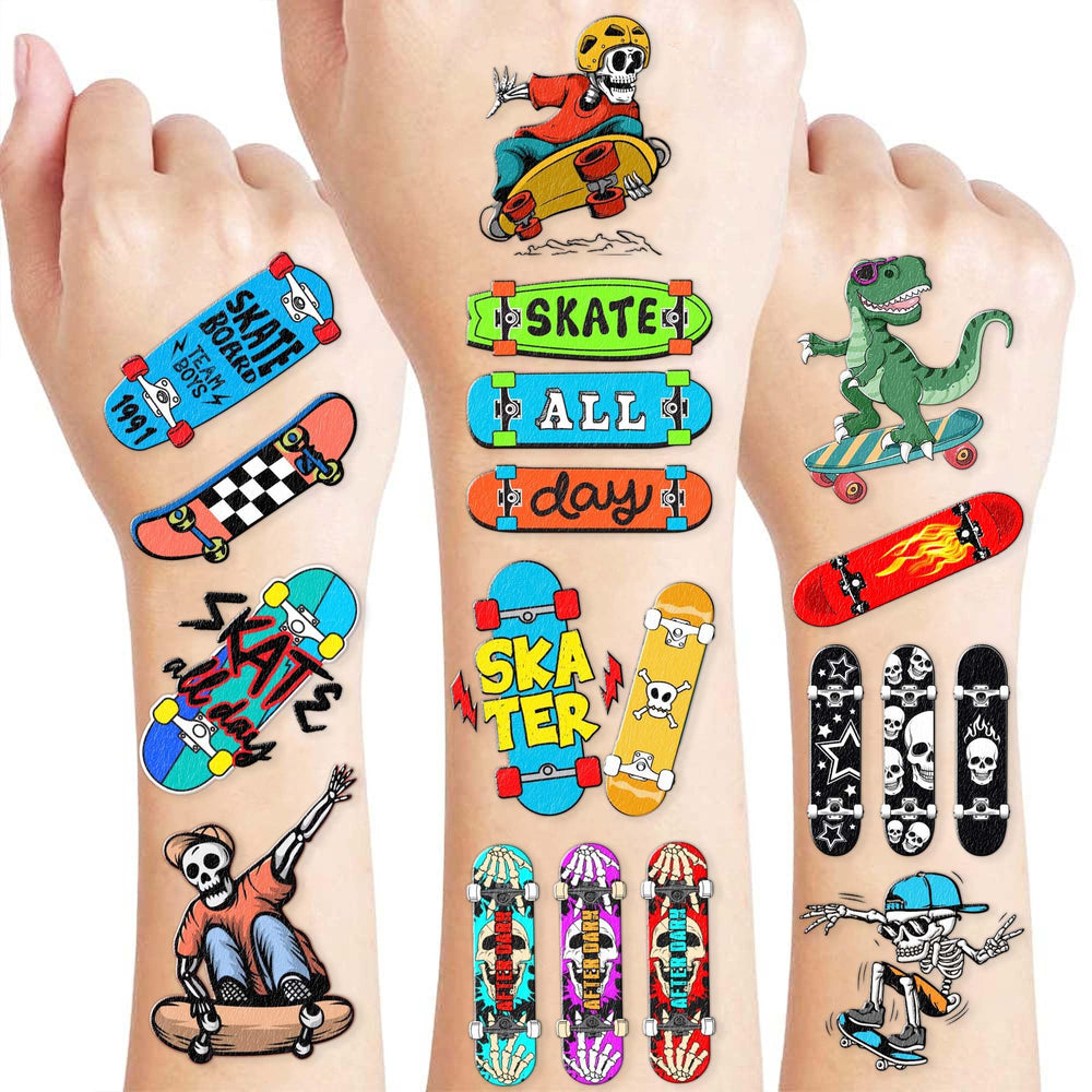 96PCS skateboard tattoos on a pre-cut sheet for easy party favors.