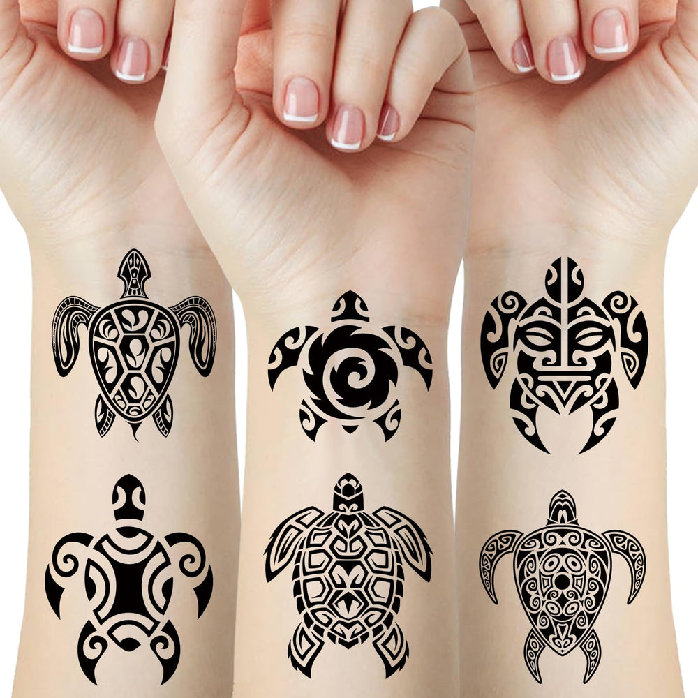Skedimu turtle tattoo sheet 1 shows bold black Maori tribal turtle for party-ready body art.