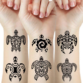 Skedimu turtle tattoo sheet 1 shows bold black Maori tribal turtle for party-ready body art.