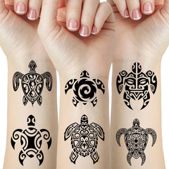 Skedimu turtle tattoo sheet 1 shows bold black Maori tribal turtle for party-ready body art.