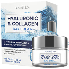 Skin 2.0 hyaluronic-acid-collagen moisturizer bottle showing deep hydration