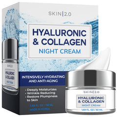 Skin 2.0 Hyaluronic & Collagen night cream jar close-up for deep hydration