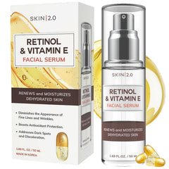 Skin 2.0 Retinol & Vitamin E serum bottle closeup showing premium packaging and hydration benefits.