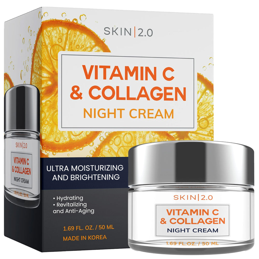 Skin 2.0 Vitamin C & Collagen night cream jar shows rich hydration.
