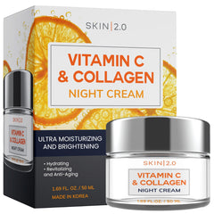 Skin 2.0 Vitamin C & Collagen night cream jar shows rich hydration.
