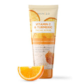 Skin 2.0 Vitamin C & Turmeric Scrub bottle shows a brightening formula for renewed glow.