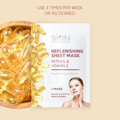 Skin Aesthetics sheet mask applied to face for a radiant, moisturized look