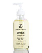 Skin And Senses Shine oil bottle with vanilla bean scent for hydrated skin