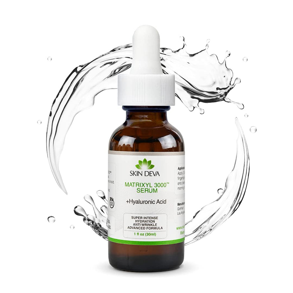 SKIN DEVA Matrixyl 3000 serum bottle closeup highlighting premium peptide formula for anti-aging