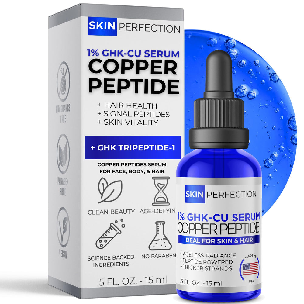 Skin Perfection Copper Peptide Serum face bottle in cobalt blue, ideal for facial care
