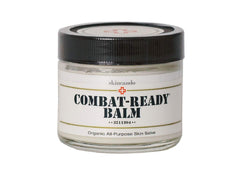 Skincando Combat Ready Skin Balm packaging close-up showing natural ingredients
