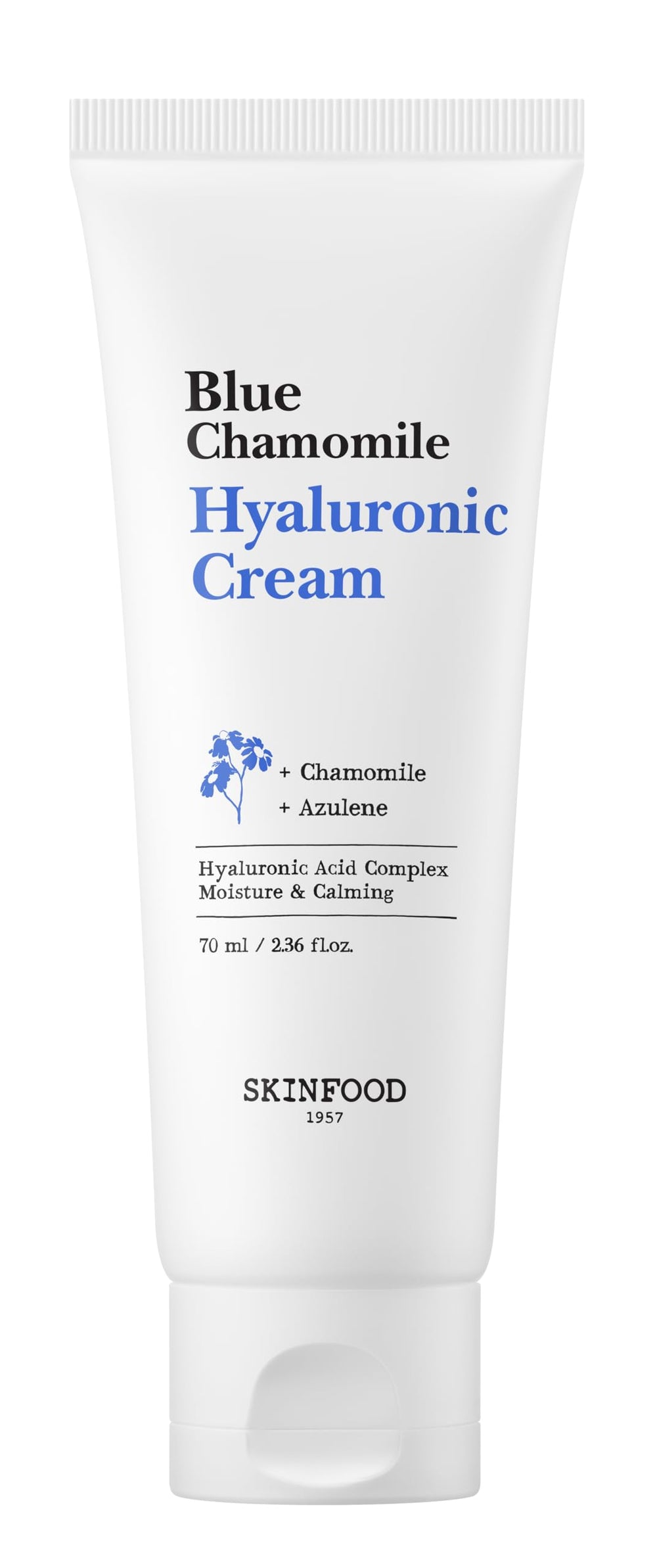 SKINFOOD 1957 Blue Chamomile Hyaluronic Cream bottle front highlights vegan hydration