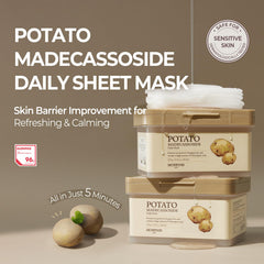 SKINFOOD Potato Madecassoside Daily Sheet Mask application, 5 minutes quick soothing for irritated skin.