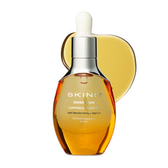 SKINN luminous face oil bottle displaying a premium anti-aging care for sensitive dry skin