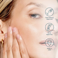 SKINN ingredient badge shows oat bran and witch hazel for calming balance.