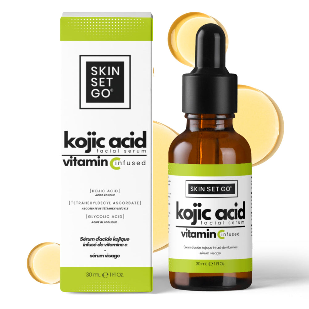 SkinSetGo Kojic Serum bottle closeup showing lightweight, quick-absorb formula