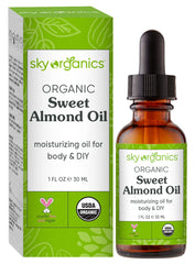Sky Organics Sweet Almond Oil bottle for daily skin nourishment and gentle hydration.