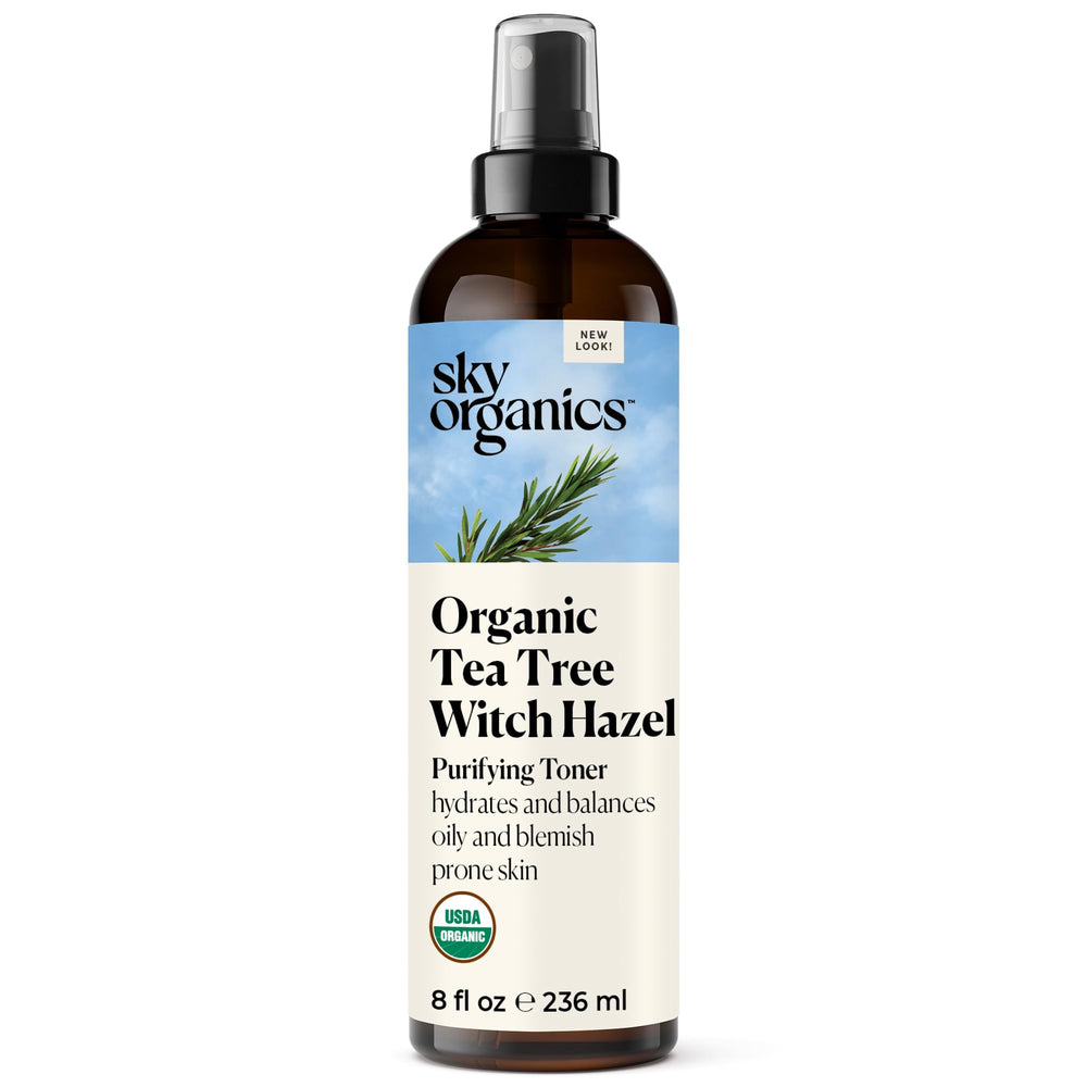 Sky Organics Tea Tree & Witch Hazel toner bottle for refreshing cleansing and balanced pores.