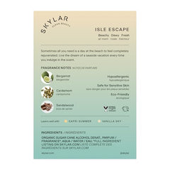 Close-up of Skylar Isle Escape bottle showing minimal, elegant details.