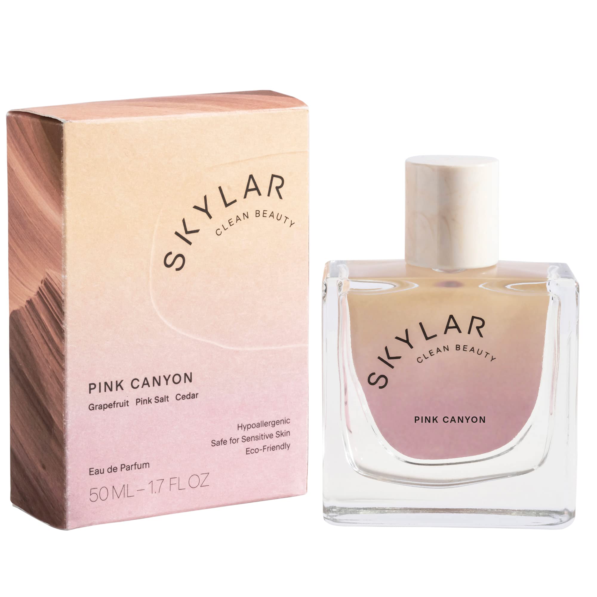 Skylar Pink Canyon bottle front close-up for everyday wear and clean beauty.