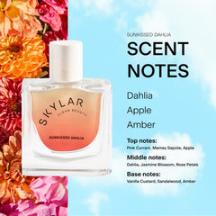 Skylar Sunkissed Dahlia label detail emphasizes authenticity of fragrance.